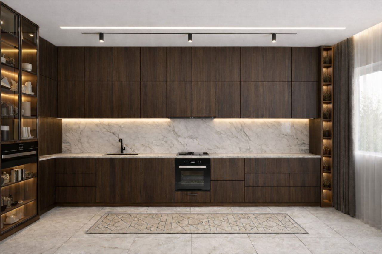 Luxury Modern Kitchen – Dark Wood Finish MDF