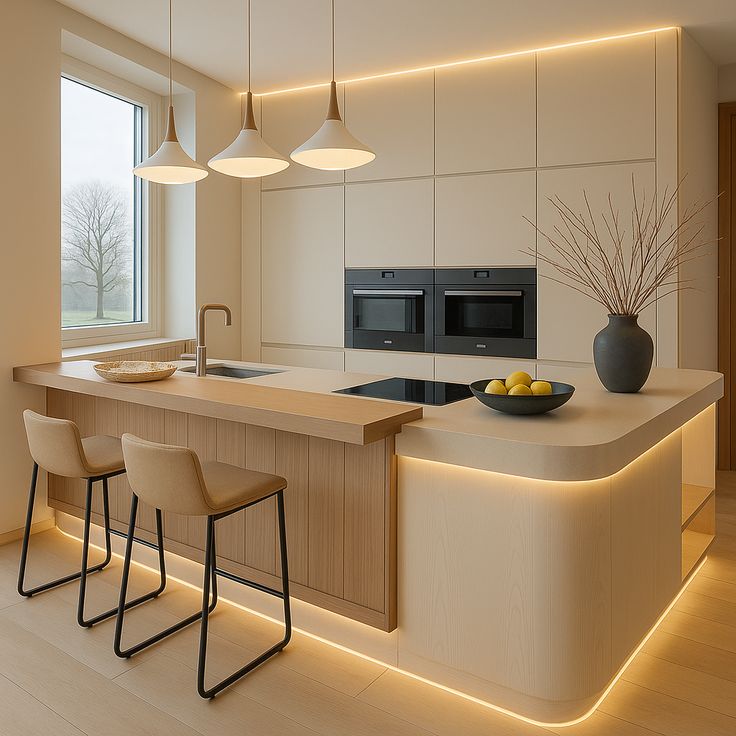 مطبخ عصري أنيق بتصميم هادئ ومضيء